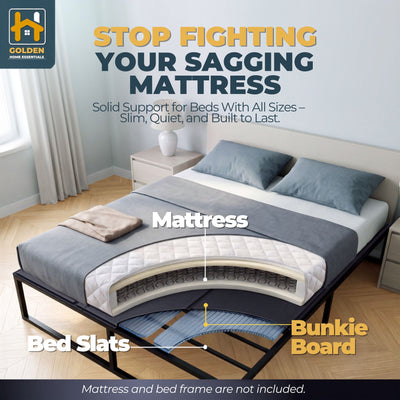 Cutaway diagram showing bunkie board layered between bed slats and mattress
