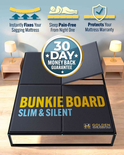 Golden Home Essentials bunkie board on a bed frame, backed by a 30-day money-back guarantee