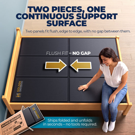 Two-panel bunkie board fitting flush with no gap, ships folded and unfolds in seconds