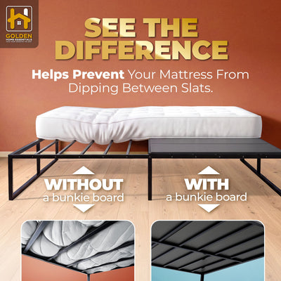 Mattress comparison with and without a bunkie board, showing prevention of dipping between slats