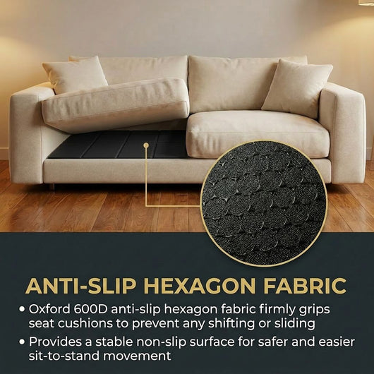 Couch support board with anti-slip hexagon fabric grip to prevent cushion shifting