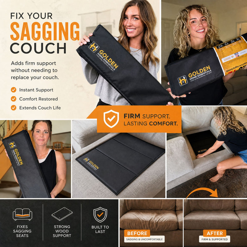Golden Home Essentials couch support board collage: customer photos, product, installation, and before/after sagging comparison