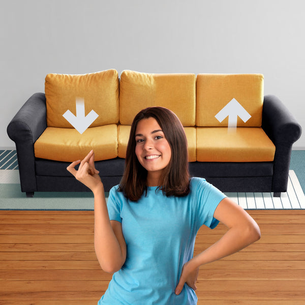 Comparison of sagging and firm sofa cushions before and after adding a couch support board